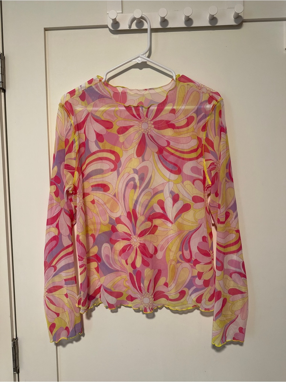 Adore Me Floral Wave Sheer Long-Sleeve Top in Pink and Yellow